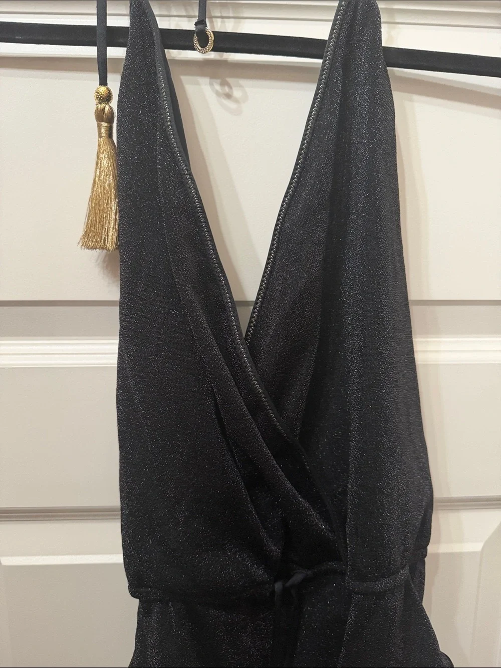 Black Halter One-Piece Swimsuit with Tassel Accents - Picture 3 of 4